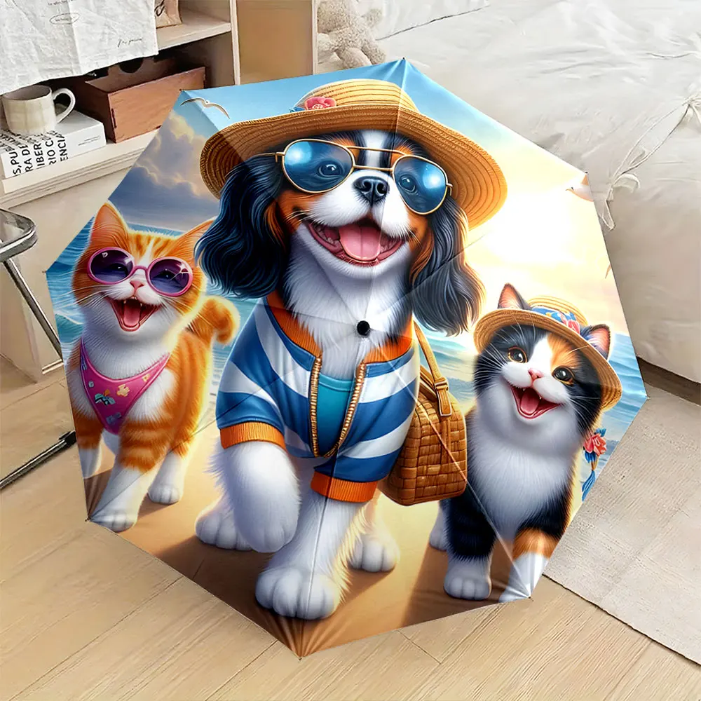 1PC Pet Beach Adventure Design on Umbrella Print 8 Iron Ribs Folding Umbrella Auto-Open Fashion Sunshade