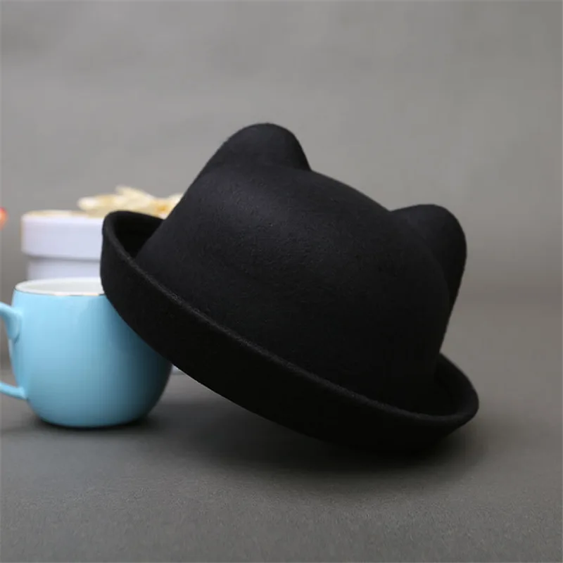 2019 Cute Parent-child bowler hat wool Fedora hats for Women Girls Children Cat Ear formal cap