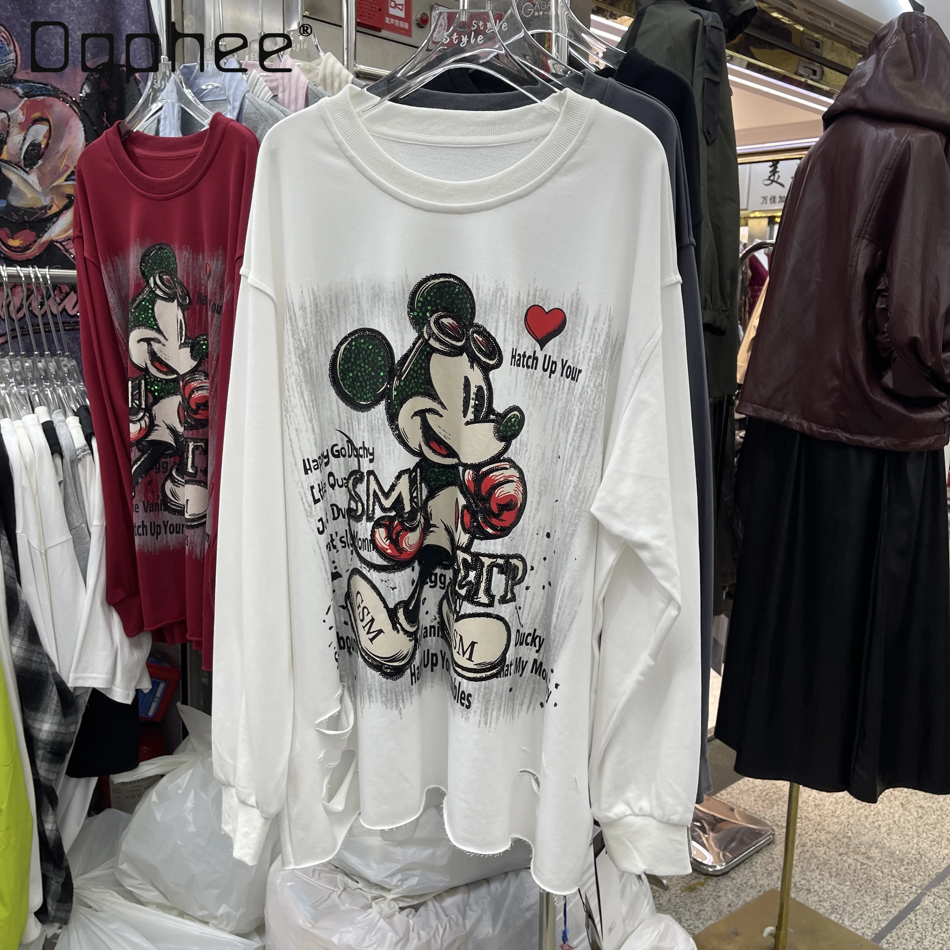 

American Retro Heavy Sequin Cartoon Distressed Long Sleeve Tee for Women 2025 New Loose Round Neck Base Shirt for Autumn