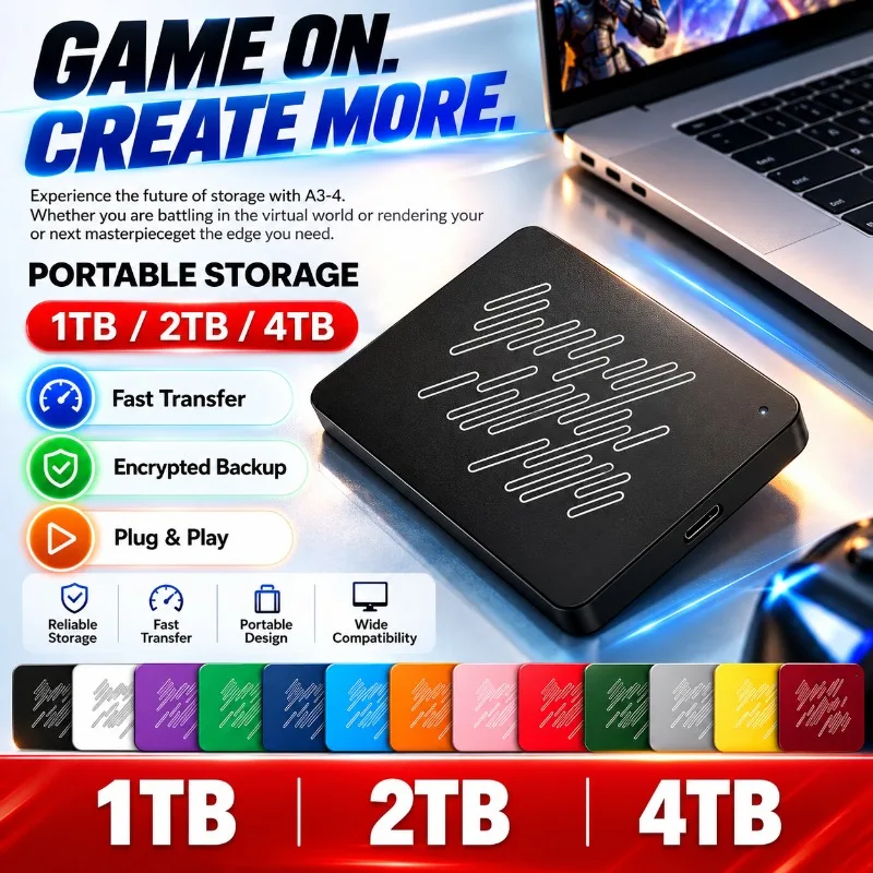 New Portable A3 Series USB3.0 SSD External Hard Drive, 500GB 1TB 2TB 4TB Black Solid State Disk for Gaming Console & Office Gift