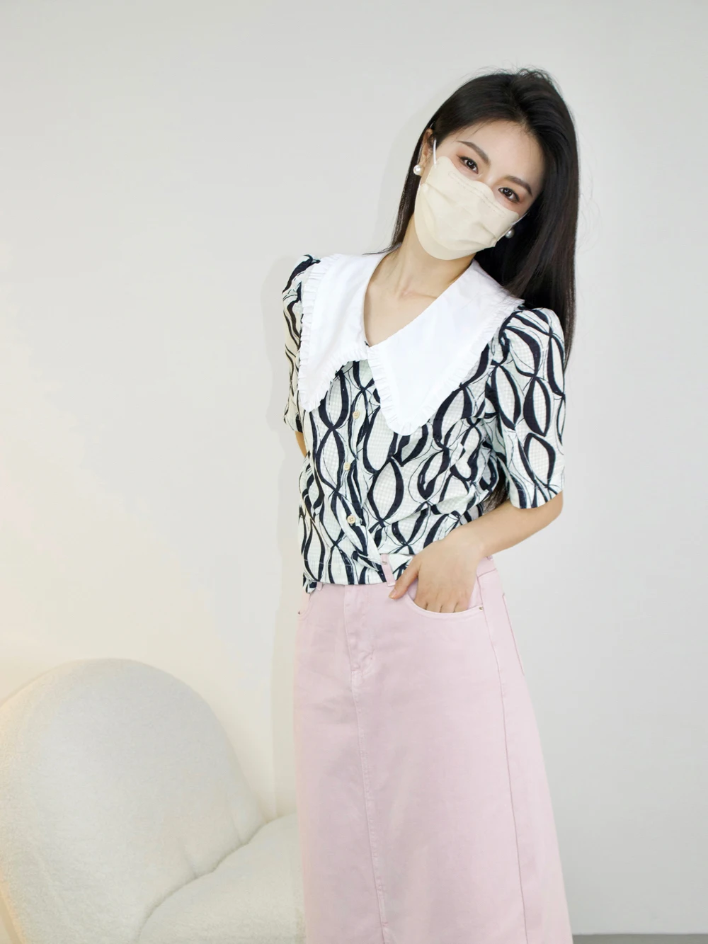 

French Sle Loose Fit ort Sve Doll Collar irt Women's Geometric Print Chain Detail Top Polyester Fiber Summer Outfit