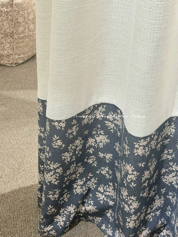 New Cotton Linen Navy Blue and Floral Patchwork Cream Jacquard Curtains for Living Room Bedroom French Window Customized