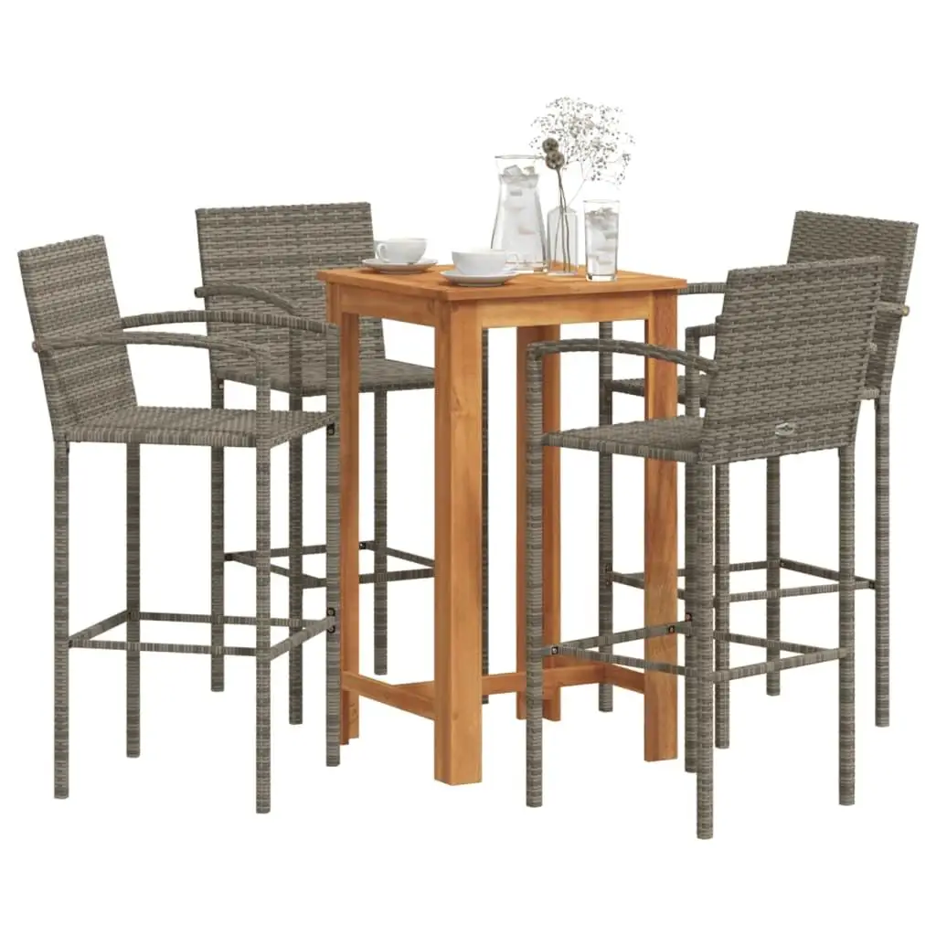 5-Piece Gray Patio Bar Set - Solid Acacia Wood and Durable Poly Rattan Furniture