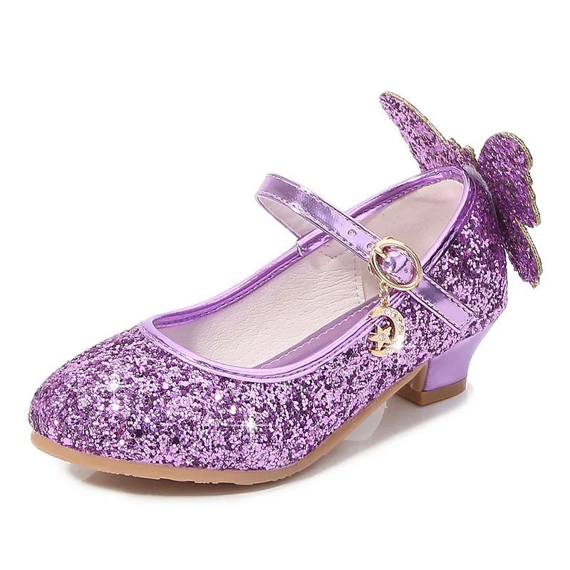 Children Girl Dance Glitter Shoes Fashion Princess Butterfly Leather Shoes Kids Diamond Bowknot High Heel Girls Party Dress Shoe