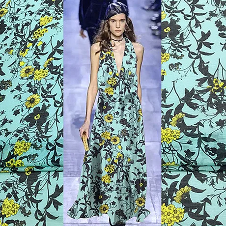 

floral printed fabric silk green background small yellow flower linen mulberry light and transparent dress clothing