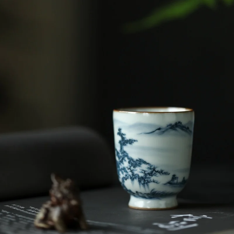 Mr. Qing, Jingdezhen, Hand-Painted Zhen Style Ru-Porcelain Blue and Whitelandscape Straight Mouth Ru Ware Tea Cup Non-Tianyu Xia