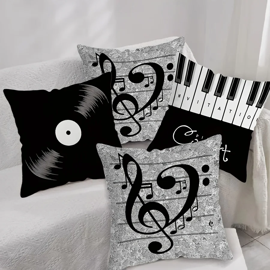 Music Theme Pillowcase, Piano Musical Notes CD Print, Decorative Cushion Cover for Home Interior & Party Decor