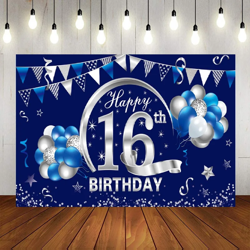 Blue Silver Banner Decor Happy 16 Birthday Photography Backdrop Party Supplies Poster Props Brackground Banner Prince Princess