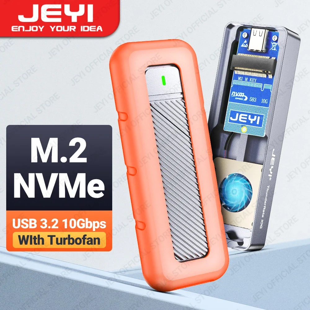 JEYI M.2 NVMe SSD Enclosure with Turbo Fan, USB C 3.2 Gen 2 10 Gbps NVME External Solid State Drive With Silicone Protector Case