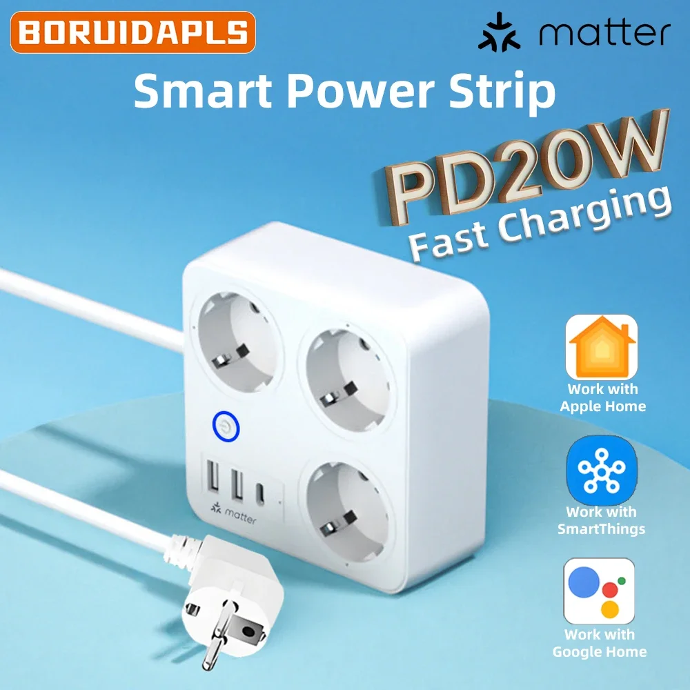 BORUIDAPLS EU Plug Matter Smart Power Strip with Voice Remote Control and USB+ Type-C Socket Compatible SmartThings Siri Google