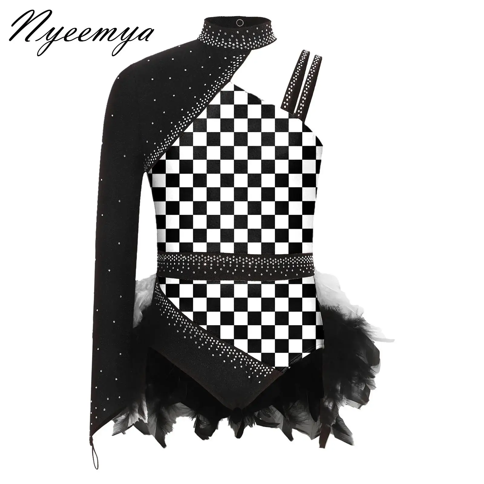 

Kids Girls Ballet Skating Jazz Latin Dance Performance Costume Asymmetrical Sleeve Acrobatics Gymnastics Feather Skirted Leotard