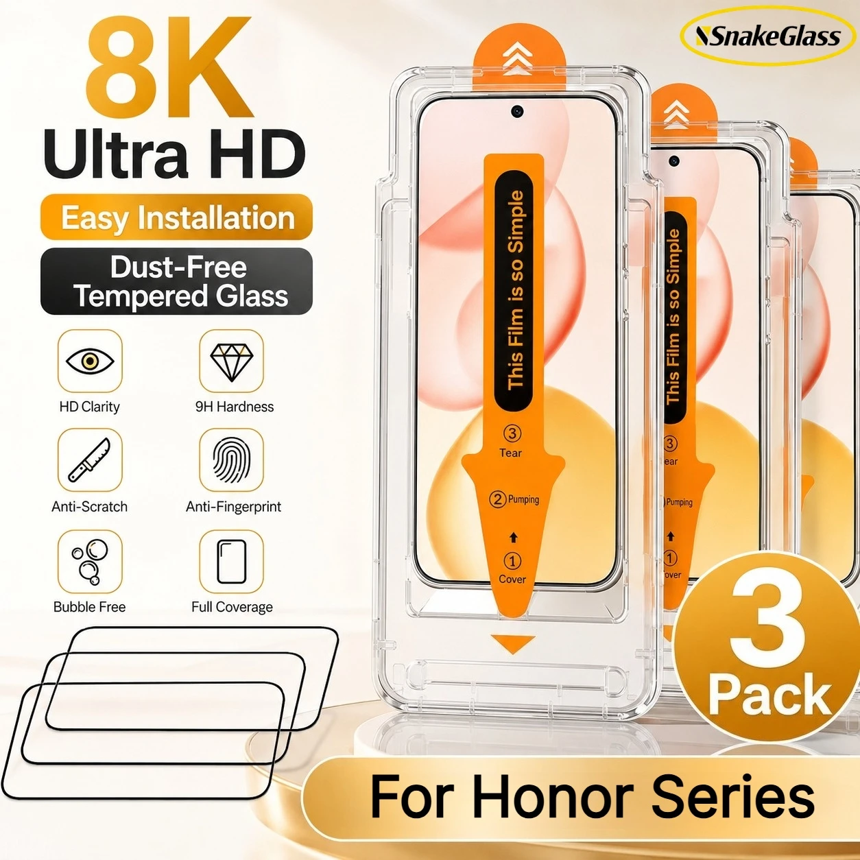 3PCS Einfach zu installierendes HD-Hartglas für Honor Magic8 7 6 5 4 Pro Lite 500 400 300 200 100 Pro Displayschutzfolie Anti-Kratz-Folie