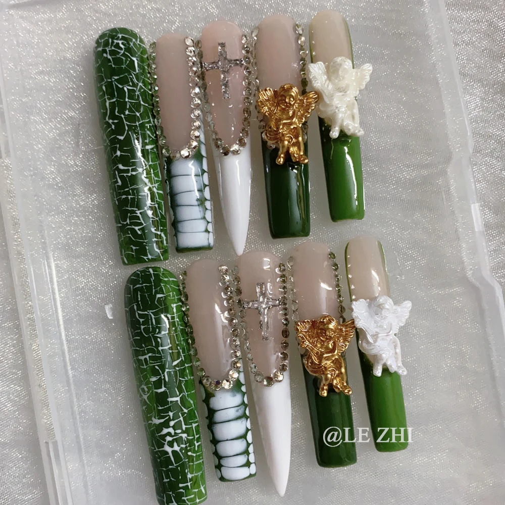 XXL Long Square Stiletto Pointed Shape Handmade Fake Nail Art French Court Angel Throwback Style Green Blue Summer Nails Art