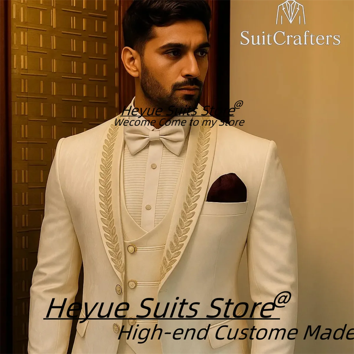 

Cream White Jacquard Men's Suit Luxuly Embroidered Shawl Lapel Groom Wedding Tuxedos 3 Pieces Sets Male Prom Blazers Ropa Hombre