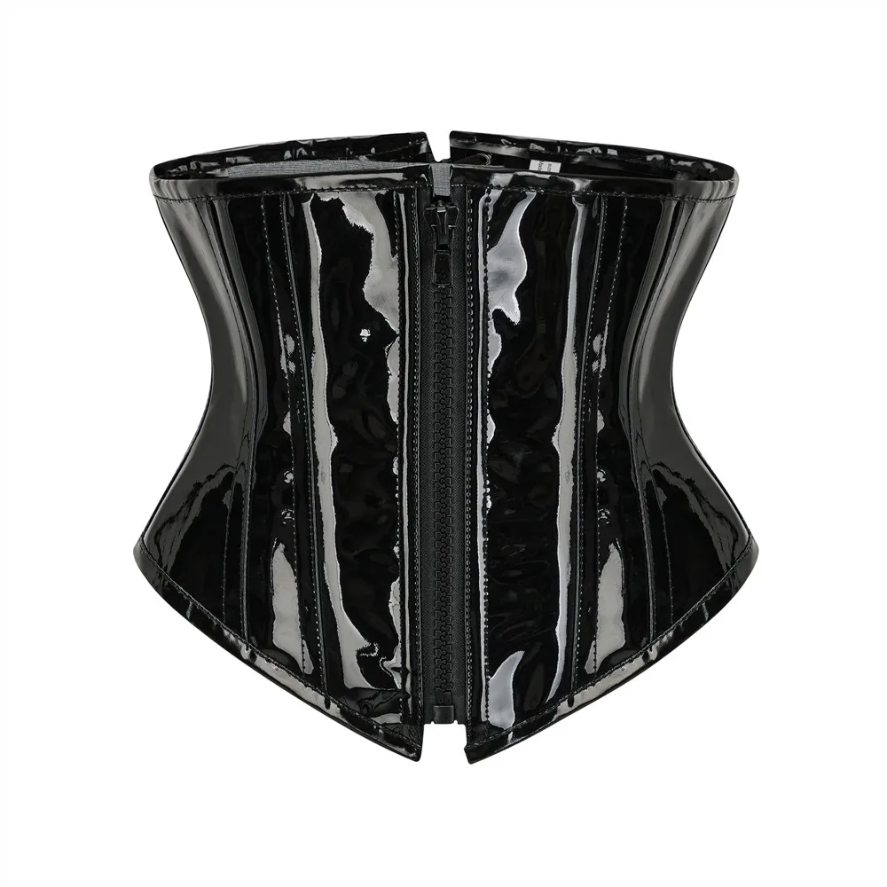 Oil Glossy PU Leather Underbust Corset for Women Steampunk Waist Trainer Zip Bustiers Body Shaper Black PVC Short Torso Corsets