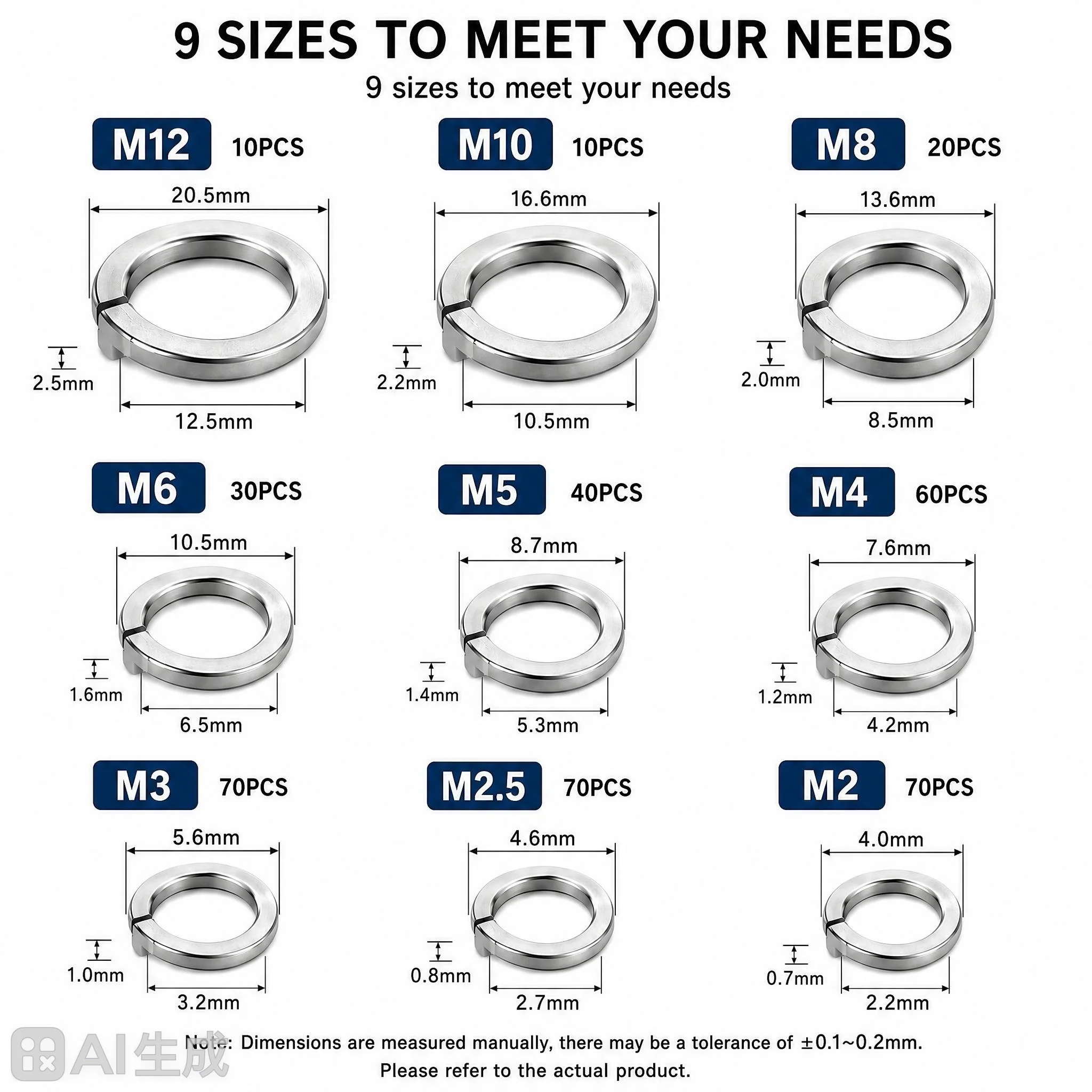 380pcs 304 Stainless Steel Split Lock Washers Assortment Kit, Spring Lock Washer 8 Sizes M2 M2.5 M3 M4 M5 M6 M8 M10 M12