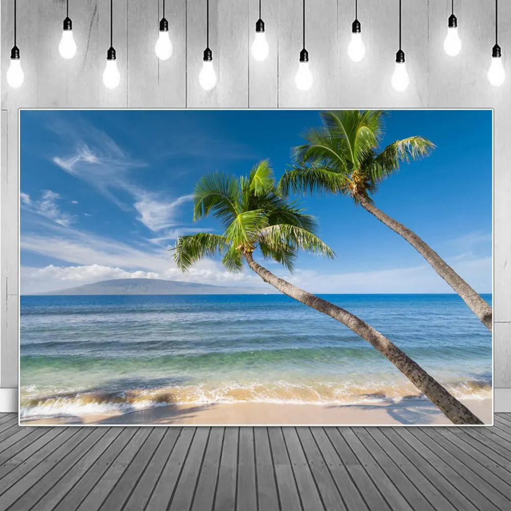 열대 야자수 해변 경치 좋은 사진 배경 푸른 하늘 파도 바다 여름 휴일 파티 장식, Photocall 사진 배경