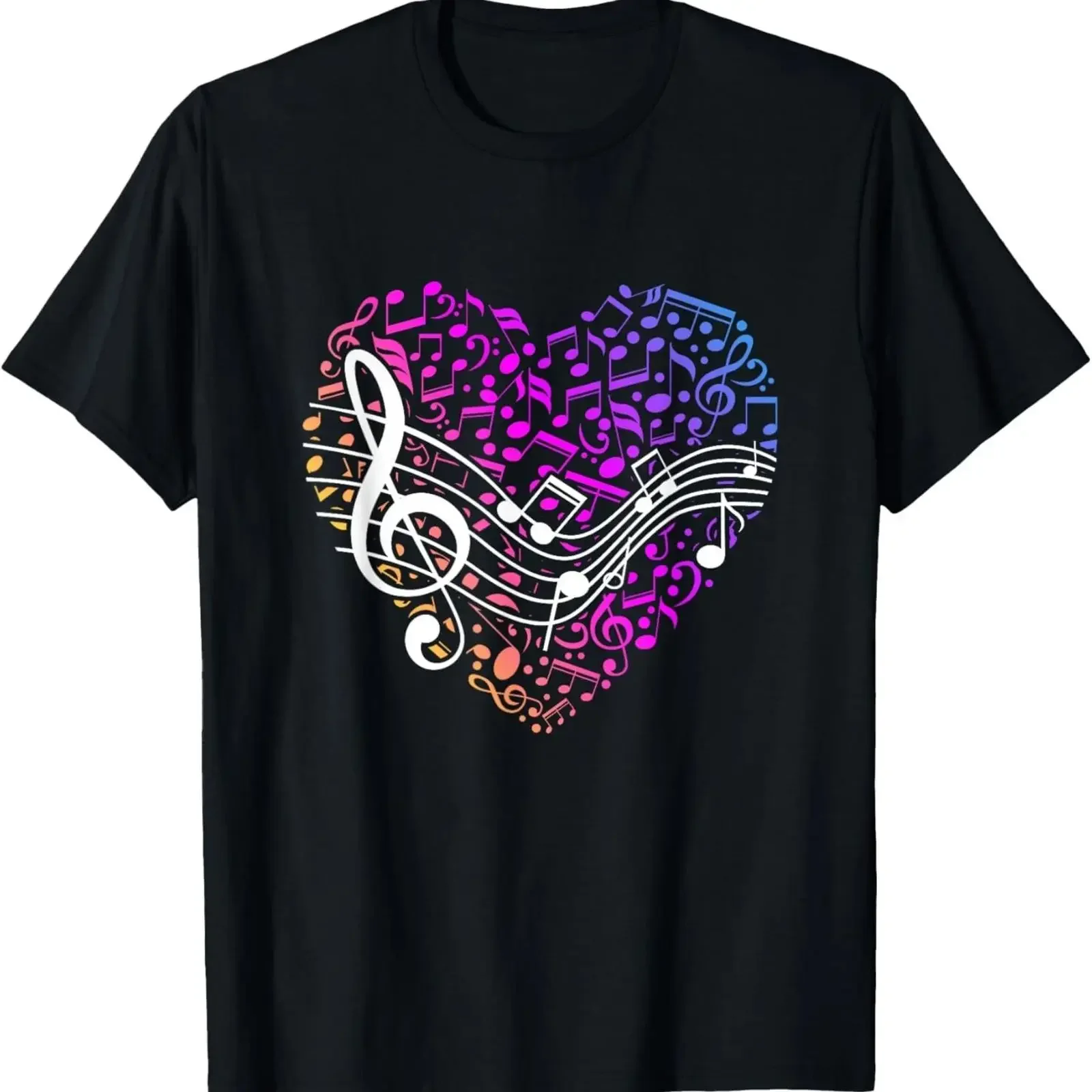 Camiseta con notas musicales, corazón y clave de sol, estilo vintage, lavada, para uso diario, a la moda, elástica, cómoda, suave para hombre