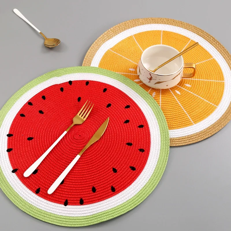38cm 5Pcs Cute Braided PP Fruit Placemat Cartoon Round Insulated Tableware Mat for Restaurant Non-Slip Coffee Table Cup Coasters