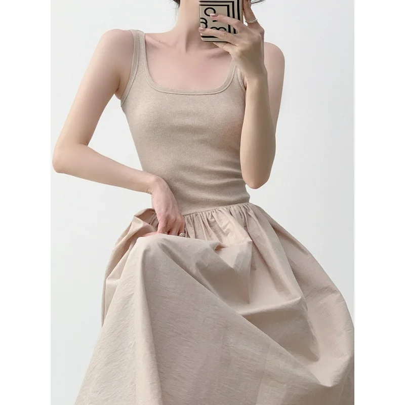 

2026 Dopamine Knitted Splicing Sleeveless Camisole Vest Dress Women's Summer New Style Big Skirt Long Skirt