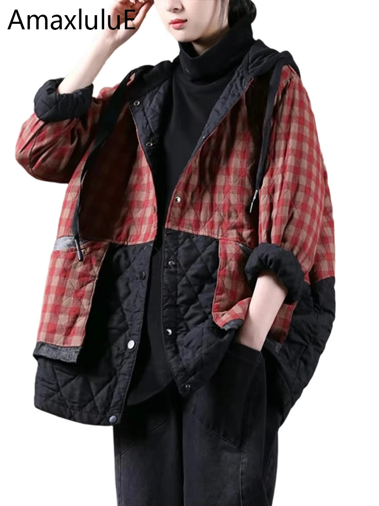 

Amax luluE 2025 Winter Fashion Padded Coats Chinese Women Loose Hooded Warm Plaid Jackets ladies Casual Vintage Luxury Outerwear