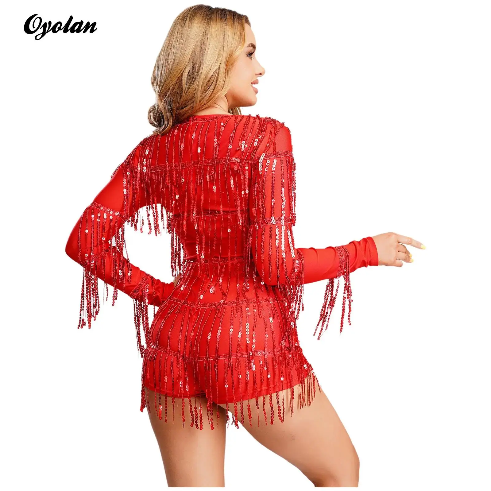 レディース グリッター フリンジ タッセル ボーイショーツ ボトム ジャンプスーツ Vネック 長袖 ティアード ロンパース ボディスーツ クラブウェア ポールダンス コスチューム