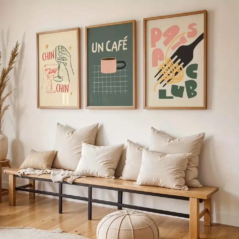 3pcs Italian Cuisine Coffee Wall Art Poster Canvas Bright Green Pink Minimalist Design Coffee-themed
