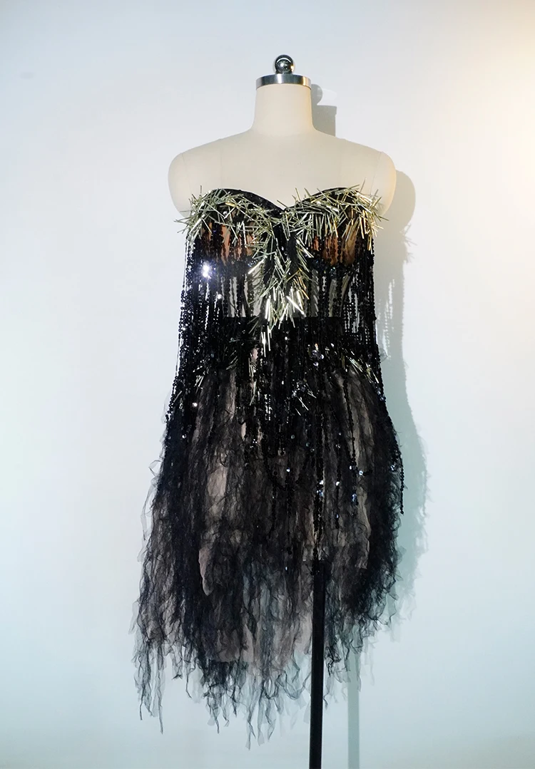 

Drag Queen Dance Outfits Black Sparkle Sequin Fringed Sexy 2 Piece See Through Women's Dress Latin Performance DJ Stage Outfit