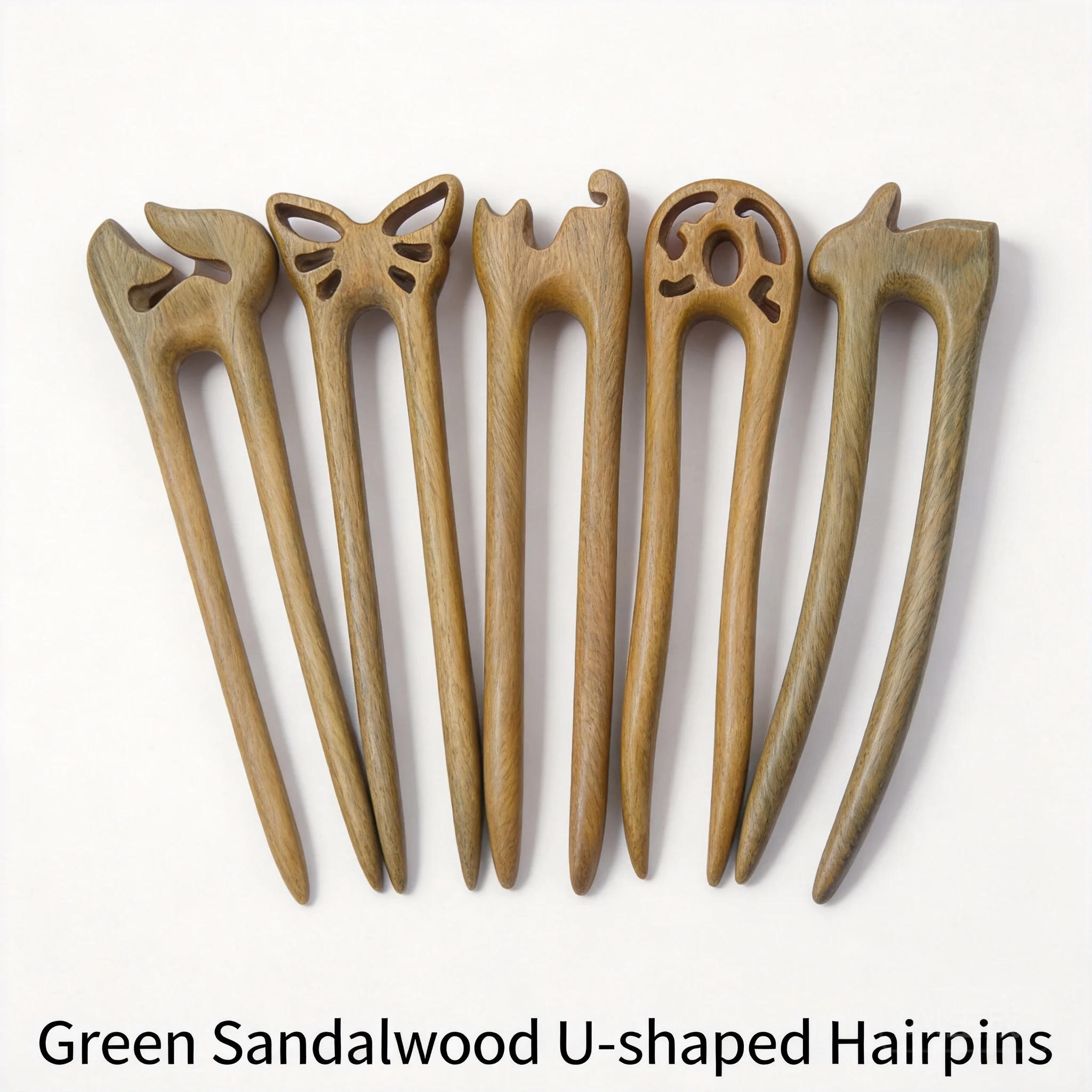 Chinese Style Lucky Blessing Green Sandalwood U Shaped Hairpins Carved Fox Butterfly Rabbit Cat Hair Sticks For Women Hair Bun