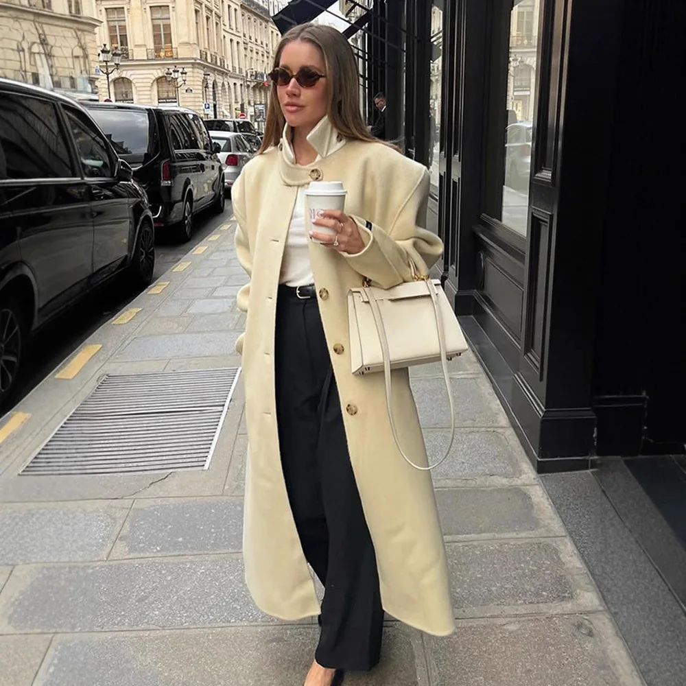 

Beige Autumn Women's Woolen Coat Single Breasted Lapel Collar Pocket Lady's Long Overcoat Classical Loose Fit Jacket For Female