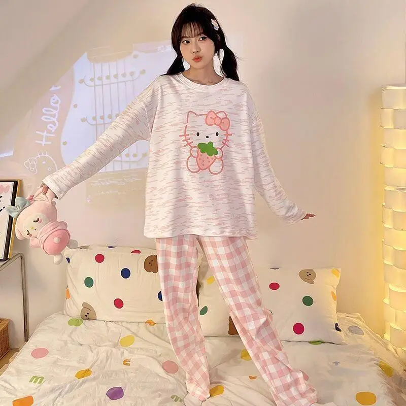 Sanrio Suitable for Outdoor Wear Long Sleeved Cartoon Japanese 2025 New Style Hello Kitty Summer Home Suit Set Pants Sets Pant