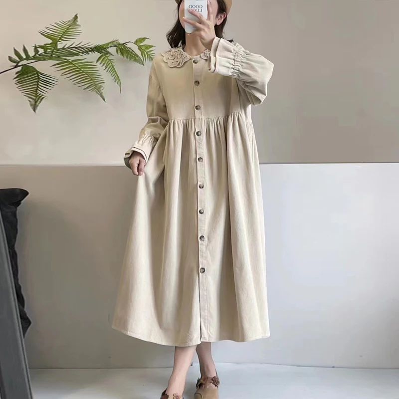 

Johnature New Corduroy Peter Pan Collar Japanese Vintage Women Dresses 2024 Autumn Winter Loose Mori Button Female Dress