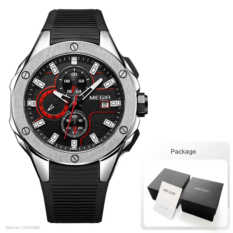 MEGIR Men's Sports Quartz Watches Fashion Silicone Strap Chronograph Wristwatch for Man Luminous Hands Waterproof 2053GBK