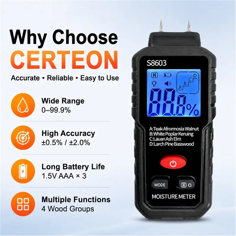 A76X-S8603 Wood Moisture Meter Dry Moisture Content Tester Wall Mounted Humidity Measurement Instrument For Cardboard
