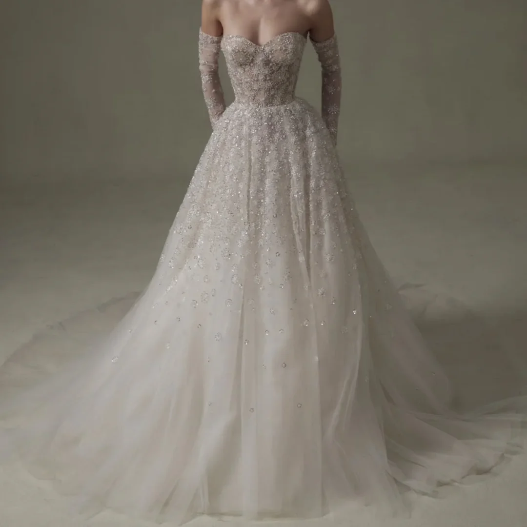 

Элегантное современное нежное свадебное платье без бретелек с аппликацией из органзы для свадебной вечеринки, расшитое блестками свадебное платье из органзы по индивидуальному заказу