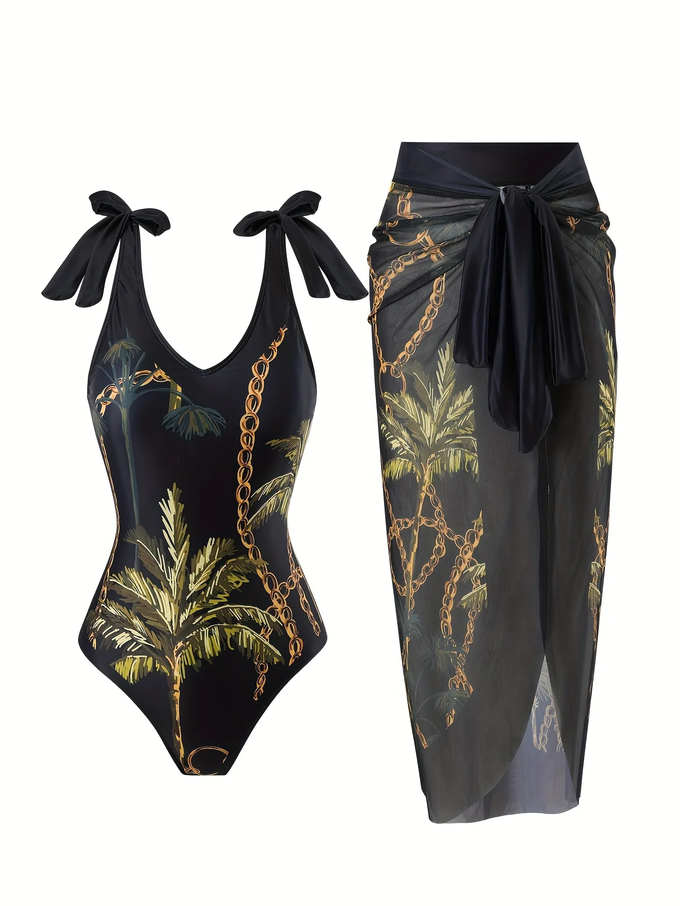 Women's One-Piece Swimsuit, Black Coconut Tree Plant Print, Sexy V-Neck Tie Straps, Tulle Skirt, Mesh Wrap Skirt, Two-Piece Beach Swimsuit Set