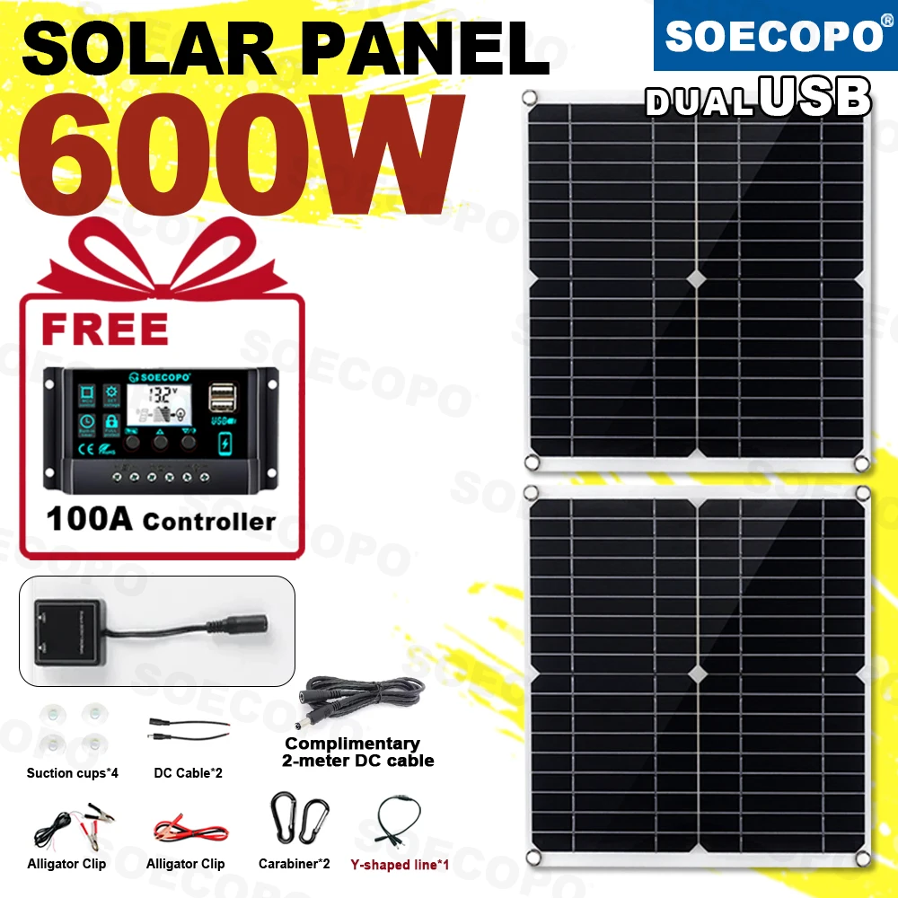 SOECOPO 600 W tragbares Camping-Solarpanel-Set, 2 x 300 W Photovoltaik-Panels, 12 V – 18 V Ausgang, kommt mit einem kostenlosen 100-A-Controller