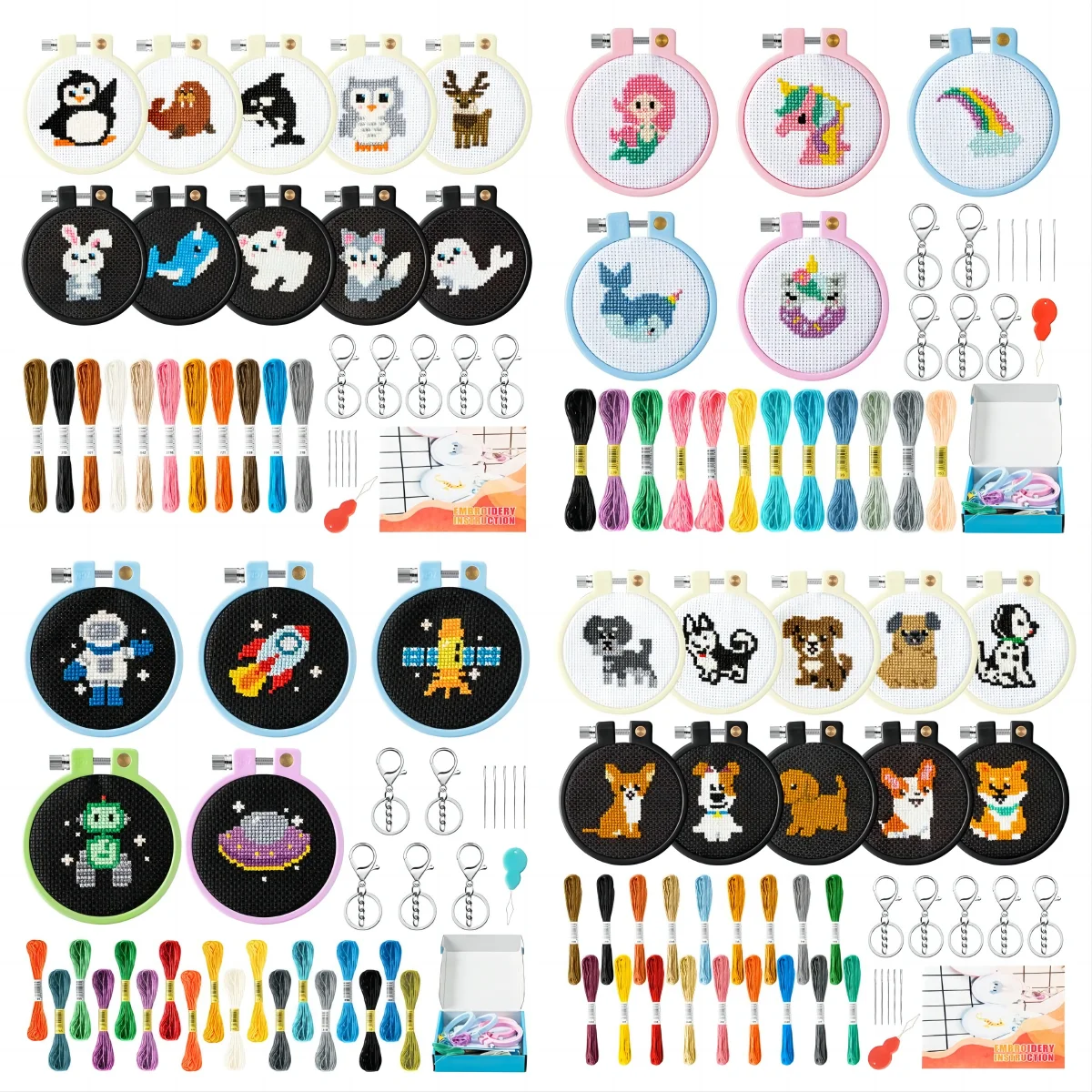 Beginner Embroidery Starter Kit Cross Stitch Polar Animals Pattern Sewing with Instructions Knitted Manual DIY Keychain Craft