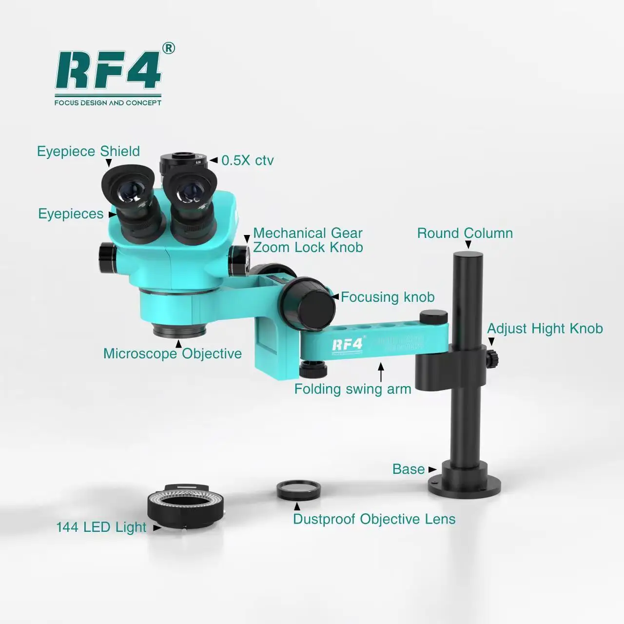 

RF4 RF7050PRO-F019 Trinocular Microscope Head 7-50X Simul Focal Continuous Zoom Stereo Microscope Phone PCB Soldering