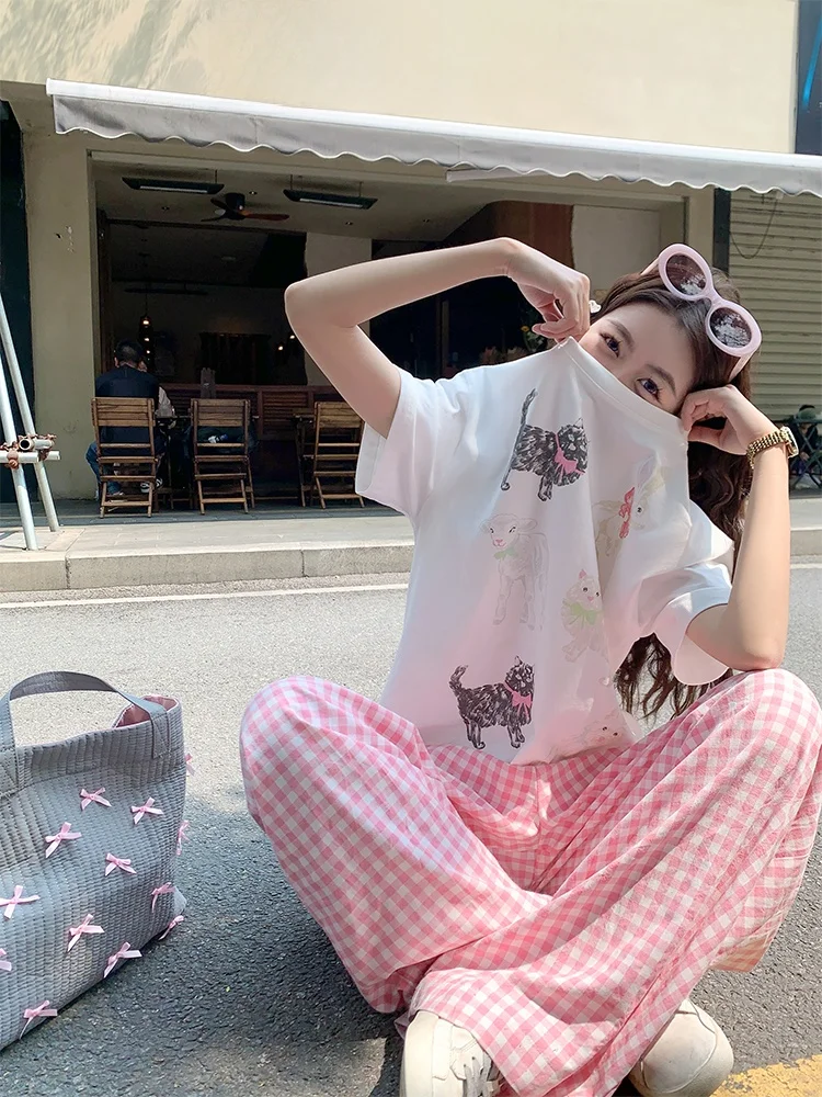 

Sweet Cartoon Print round Ne ort Sve T-irt Women's Summer Loose Slimming Top Korean Sle Casual Faion