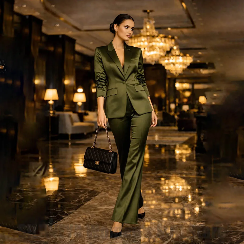 

Fashion Satin Women's Suit Two Piece Slim Fit Blazer and Pants Luxury Formal Wear Elegant Wedding Evening Party Ladies Outfit