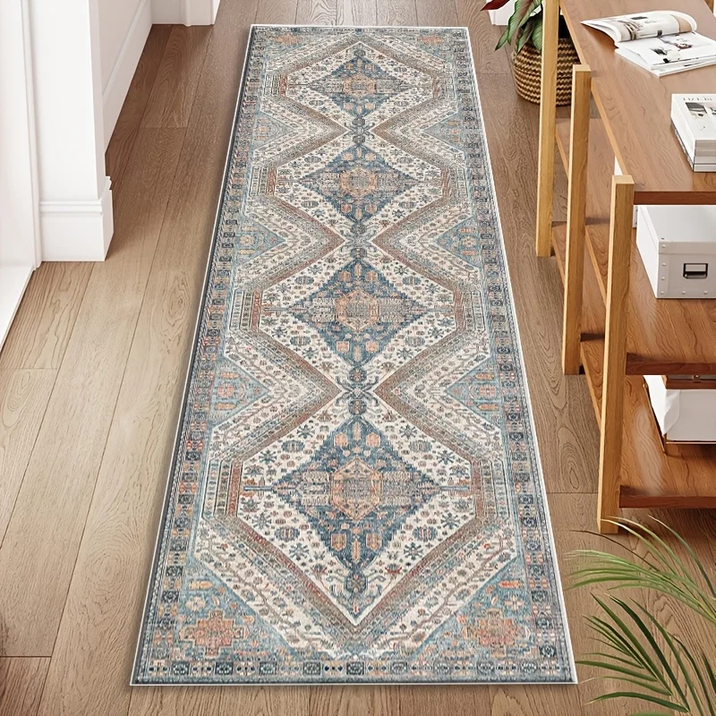 Vintage Geometric Diamond Pattern Ethnic Style Runner Rug for Hallway Non Slip Decorative Carpet Floor Mat Accent