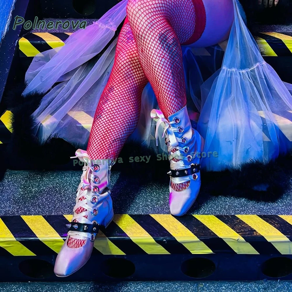 

Розовые балетки с заклепками и пряжкой на ремне, с круглым носком, на массивном каблуке, со шнуровкой и вырезами, женское милое платье Мэри Джейн, осень 2021, новинка