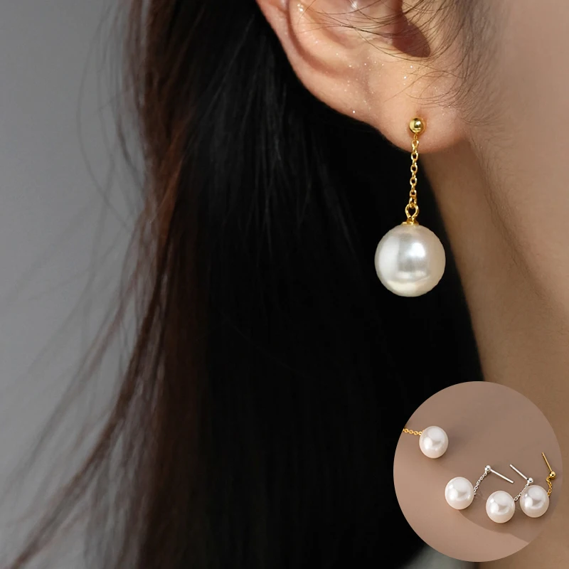 

100% 925 Sterling Silver Pearl Geometric Earrings for Women Girl Simple Fashion Round Design Jewelry Party Gift Dropshipping