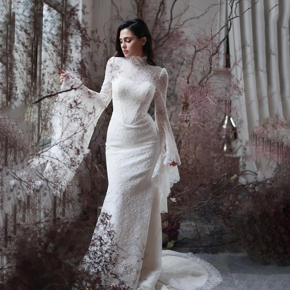 

Graceful Lace Wedding Dresses High Neck Long Flare Sleeve Bride Dress Sweep Train White Bridal Gown Customized vestidos de novia