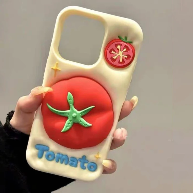 3D Cartoon Tomato Stand Phone Case For Iphone 16 Pro Max 15 Pro 14 Promax 13 Pro Max Funny Casing Cute Soft Silicone Cover