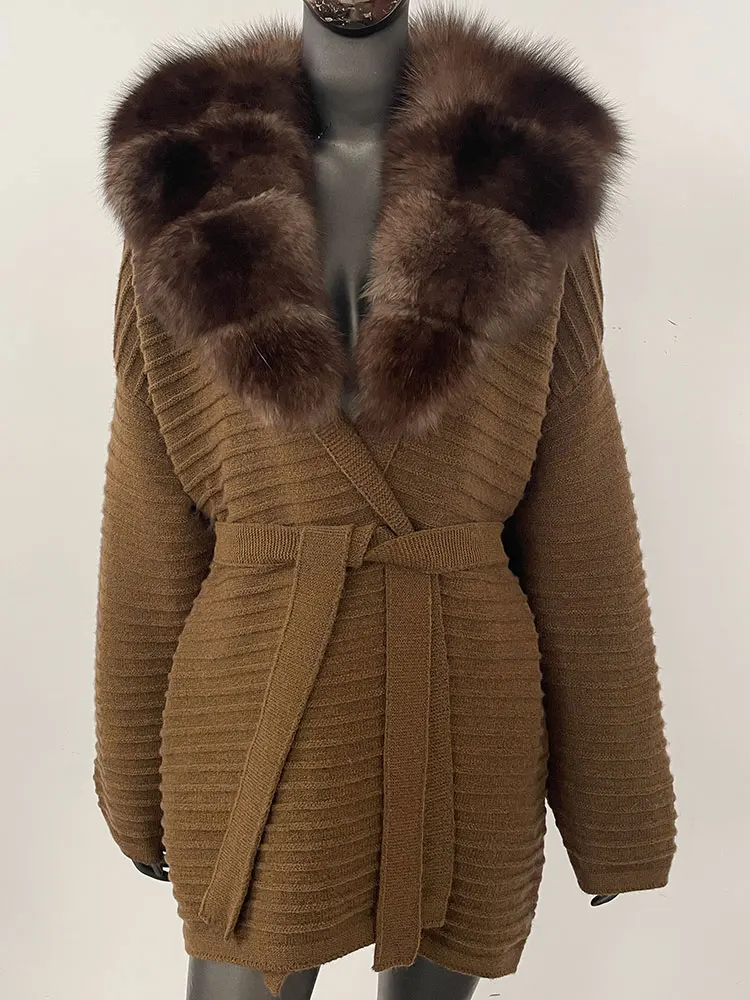 

FURYOURSELF Knitting Cardigan Women Winter Real Fox Fur Coat Long Sleeve Warm Female Hooded Natural Raccoon Fur Jacket Outwear