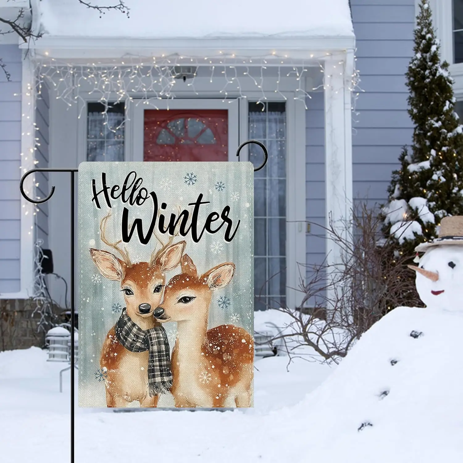 Dyrenson Hello Winter Reindeer Decorative Garden Flag, Snowy Cute Deer Snowflakes Yard Outside Home Decoration, Christmas Wo SSL