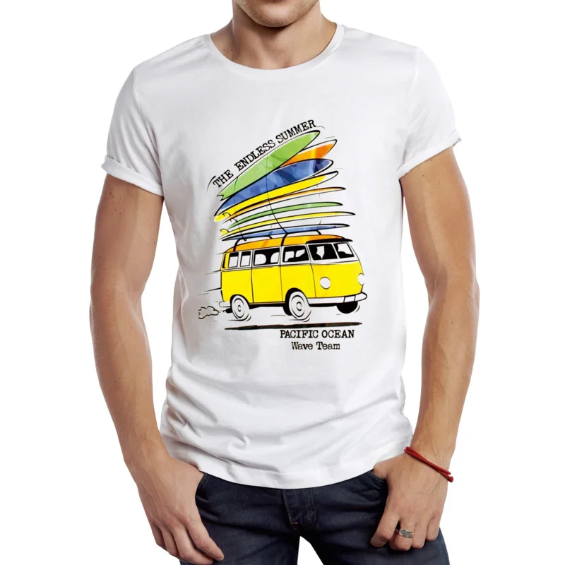 

Vintage surfer sketch printed men T shirt graphic beach sport cloth retro surf board on bus tops hipster tee