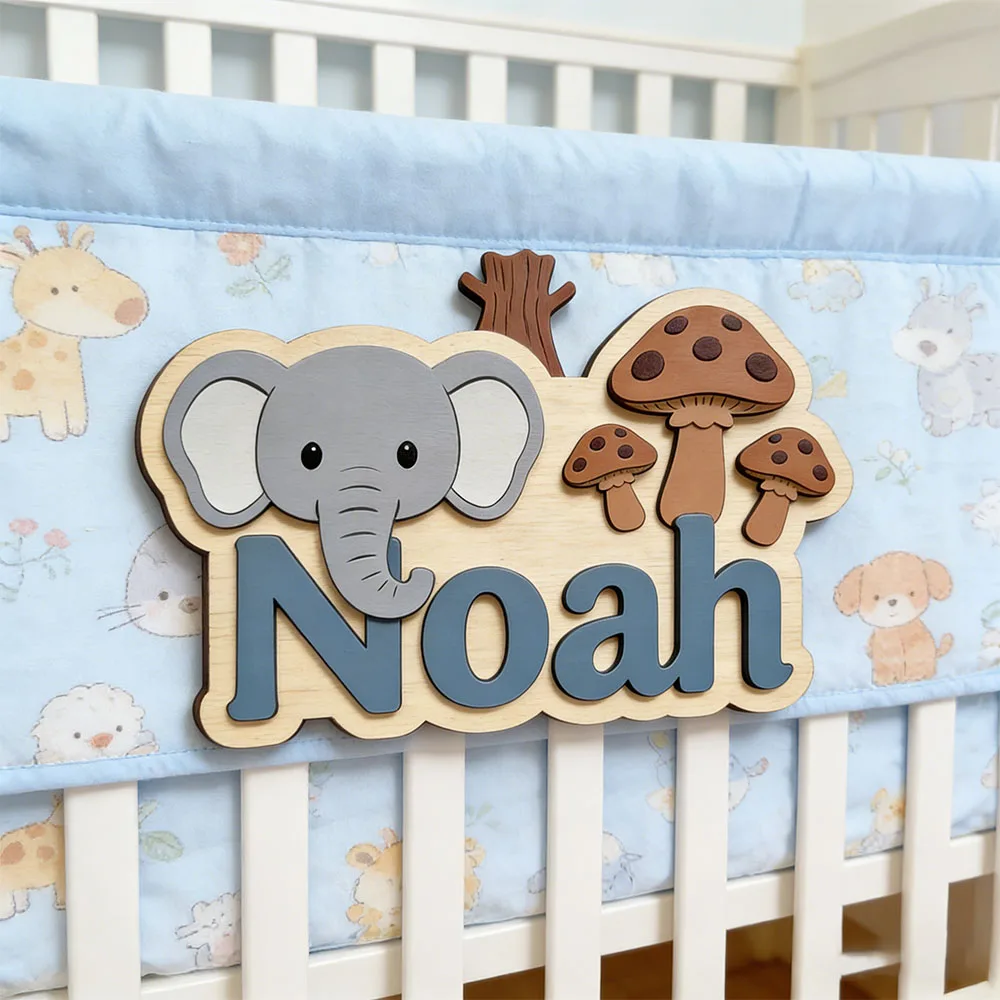 Customizable Cartoon Elephant & Mushroom Name Plaque Personalized Wooden Door Sign for Boys & Girls Forest Themed Nursery Decor
